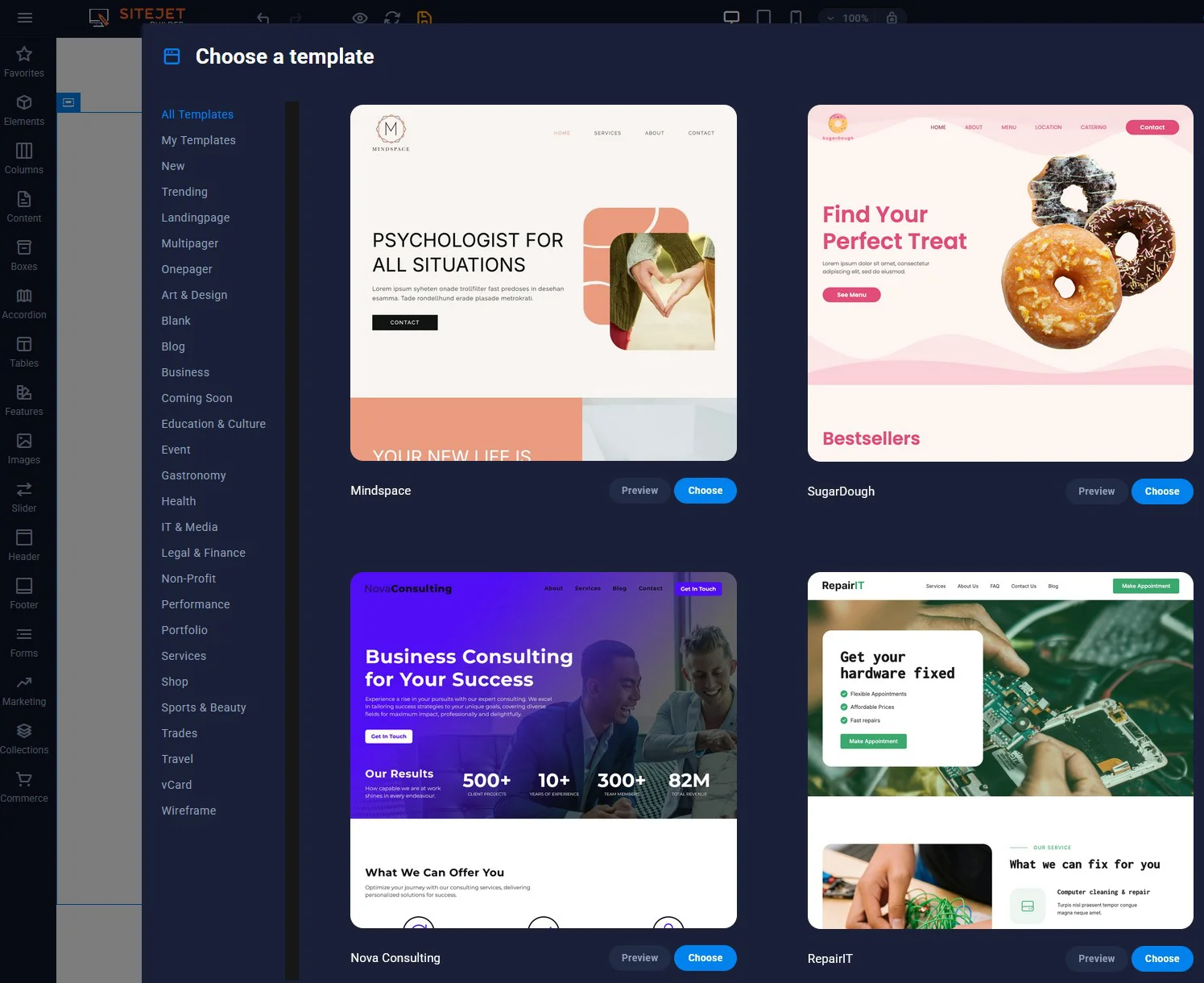 Sitejet visual website editor in cPanel